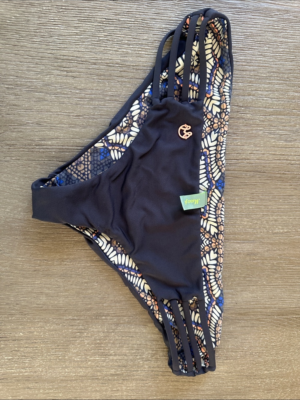 Maaji charcol gray with Blue & Tan Pattern Women's Bikini Bottom